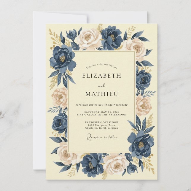 Midnight Champagne Ranunculus Eucalyptus Wedding Invitation (Front)