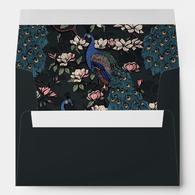 Midnight Charcoal Peacock Chinoiserie Wedding Envelope (Back (Bottom))