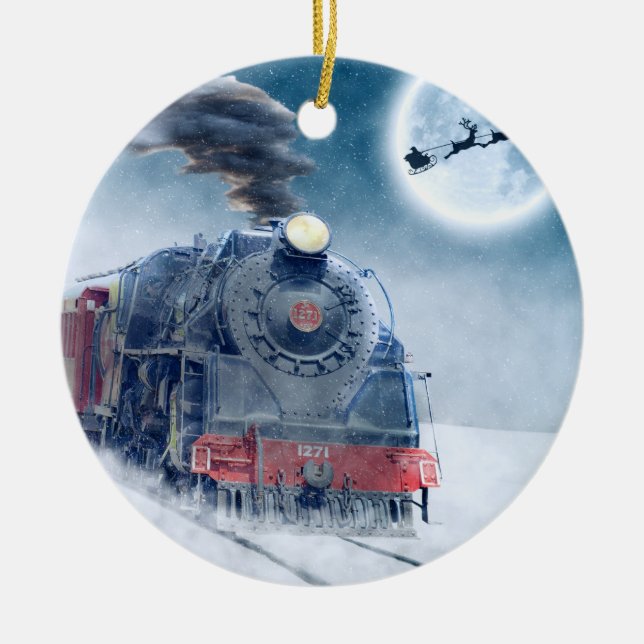 Midnight Christmas Train with Girl and Santa Ceramic Tree Decoration (Front)
