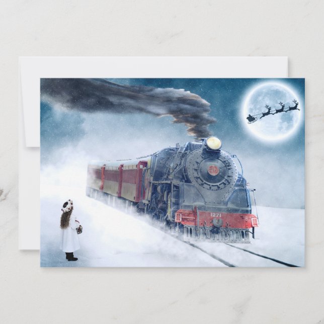 Midnight Christmas Train with Girl and Santa Holiday Card (Front)