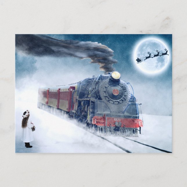 Midnight Christmas Train with Girl and Santa Holiday Postcard (Front)