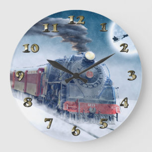 Midnight Christmas Train with Girl and Santa Large Clock