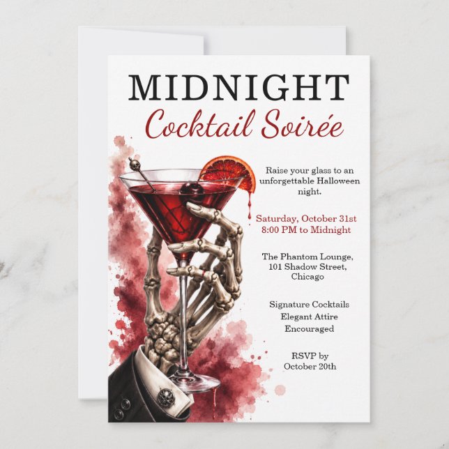 Midnight Cocktail Party Skeleton Martini Halloween Invitation (Front)