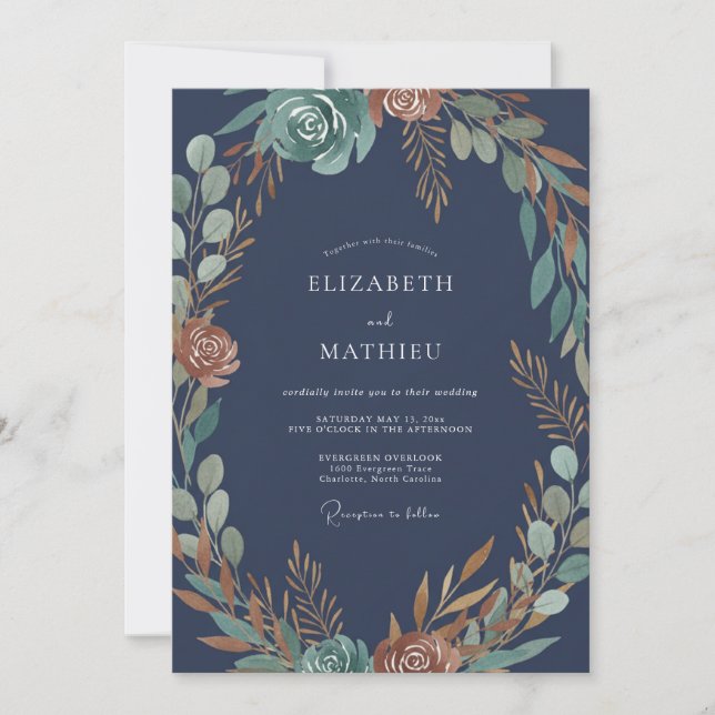 Midnight Copper Leafy Wedding Invitation (Front)