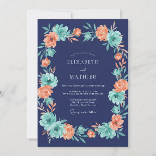 Midnight Coral Blossom Wedding Invitation