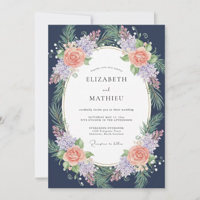 Midnight Coral Lilac Wreath Wedding Invitation (Front)