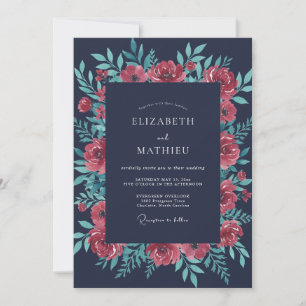Midnight Coral Peony Wedding Invitation