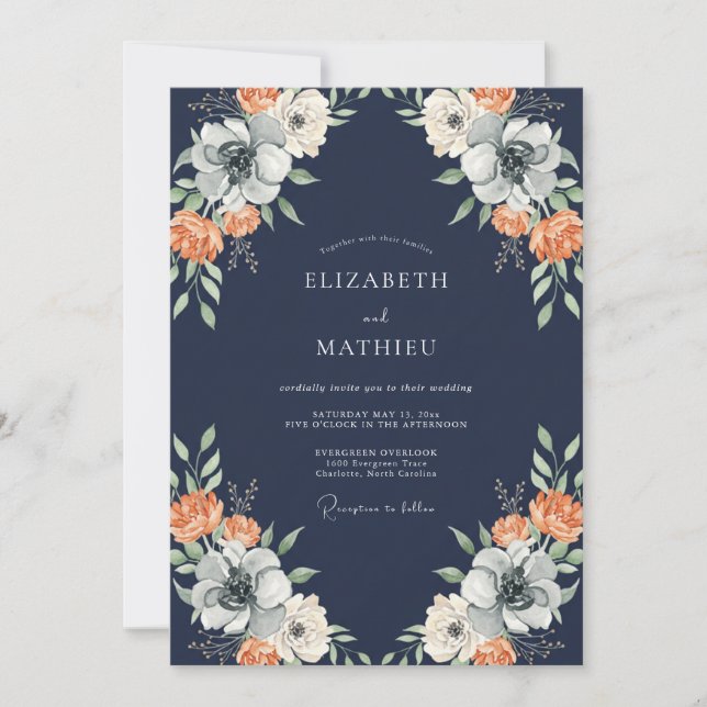 Midnight Coral Petal Wedding Invitation (Front)