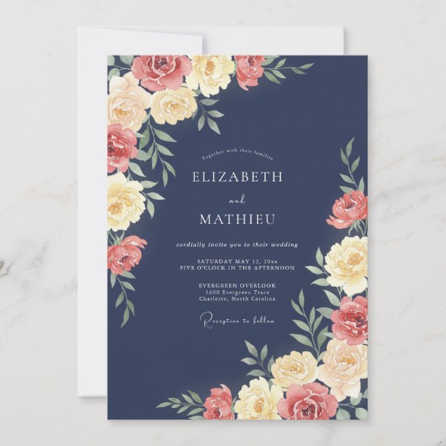 Midnight Coral Ranunculus Grey Eucalyptus Wedding Invitation (Front)