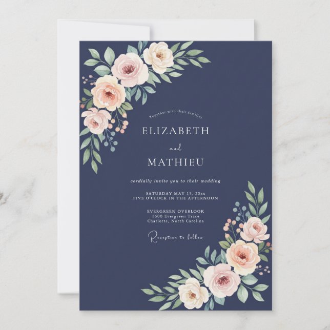 Midnight Coral Ranunculus Soft Eucalyptus Wedding Invitation (Front)