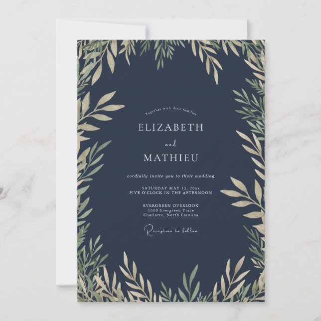 Midnight Cream Foliage Eucalyptus Wedding Invitation (Front)
