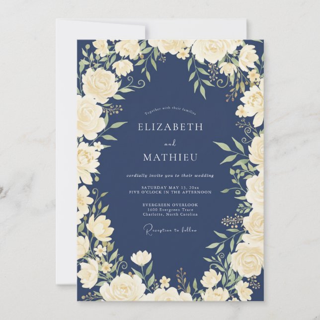 Midnight Cream Ivory Petal Wedding Invitation (Front)