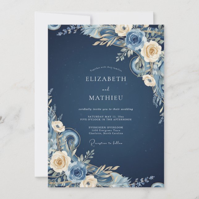 Midnight Cream Petal Wedding Invitation (Front)