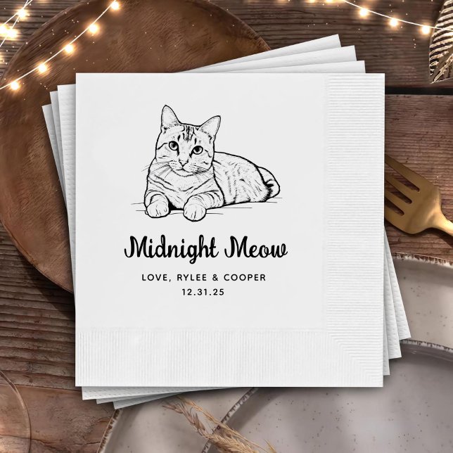 Midnight Custom Cat Drawn Cocktail Napkins Wedding (Creator Uploaded)
