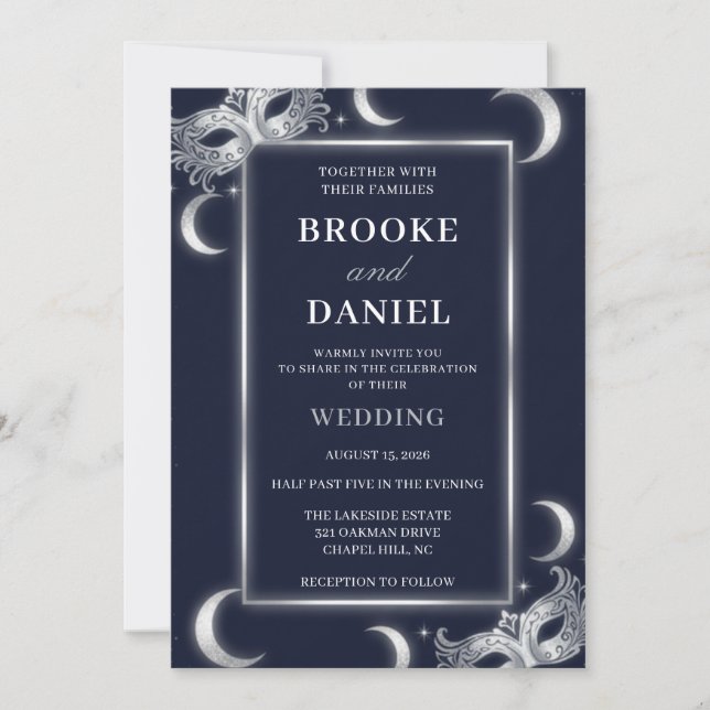 Midnight Dark Navy and Silver Masquerade Wedding I Invitation (Front)