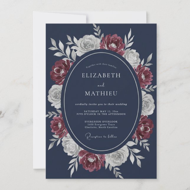 Midnight Deep Burgundy Wreath Wedding Invitation (Front)