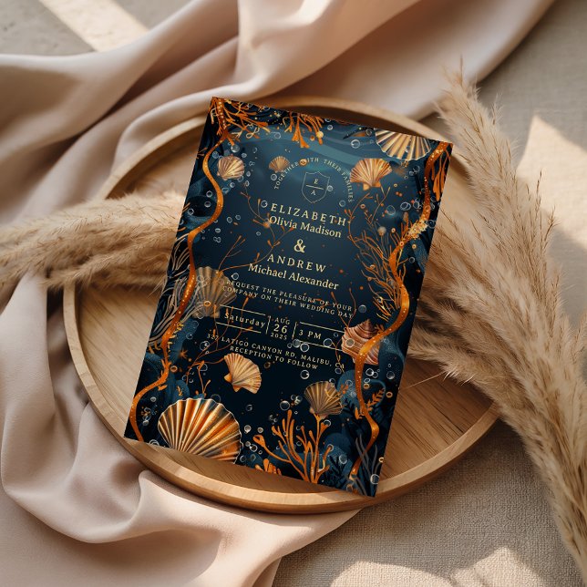 Midnight Deep Sea Gold Nautical Wedding Invitation (Creator Uploaded)