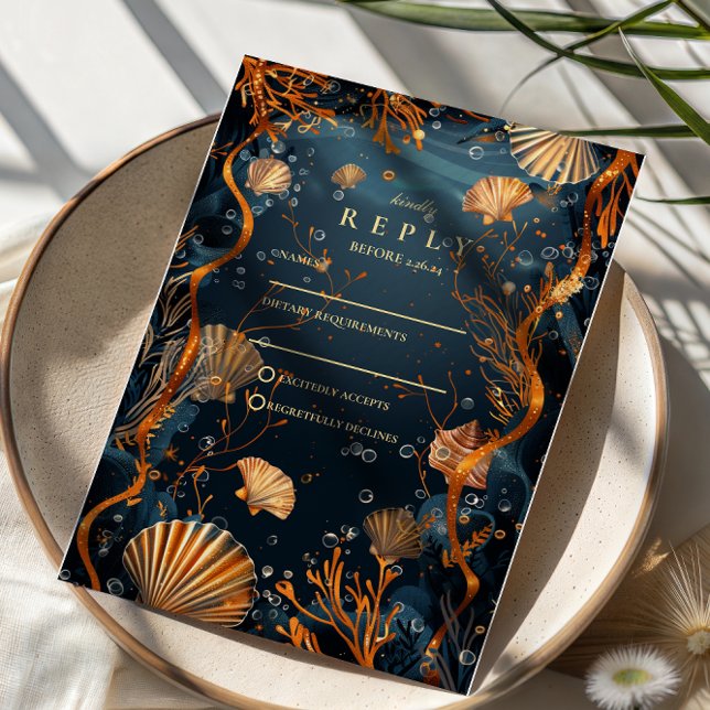 Midnight Deep Sea Gold Nautical Wedding RSVP Card (Creator Uploaded)