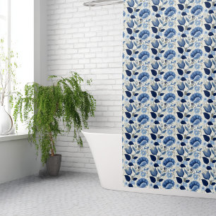 Midnight Delft Garden Vintage Botanical Blue Shower Curtain