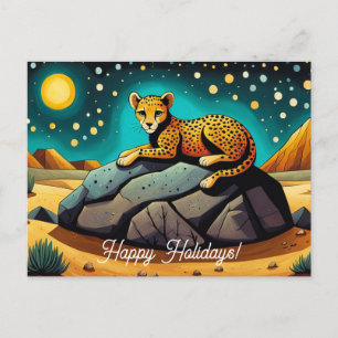 Midnight Desert Wild Leopard Happy Holidays Postcard