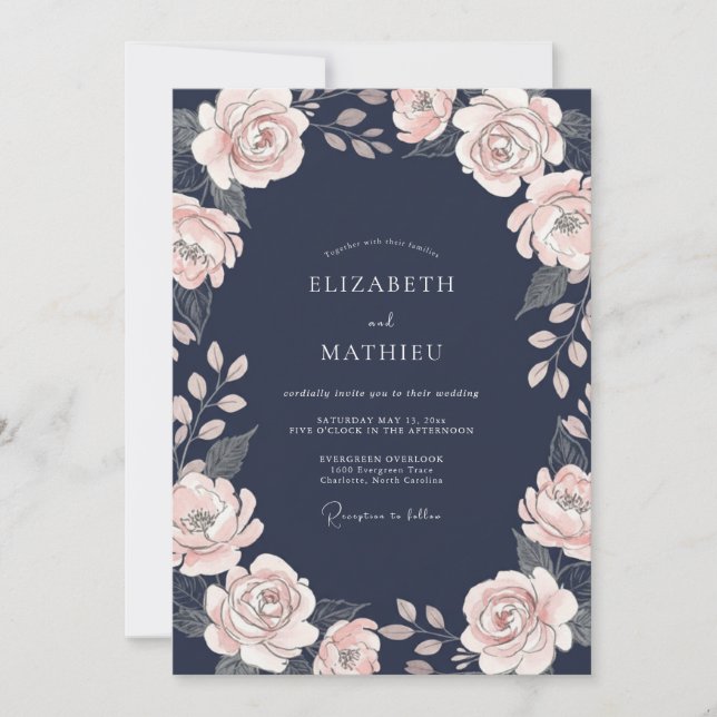 Midnight Dusty Pink Leafy Wedding Invitation (Front)