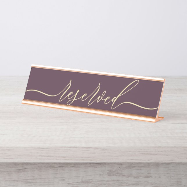 Midnight Fig & Champagne Script Table Reserved Desk Name Plate (Front)