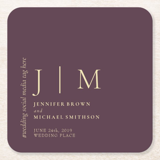 Midnight Fig & Champagne Simple Elegant Wedding Square Paper Coaster (Front)