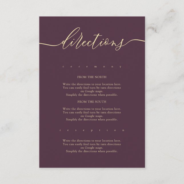 Midnight Fig & Champagne Simple Wedding Directions Enclosure Card (Front)