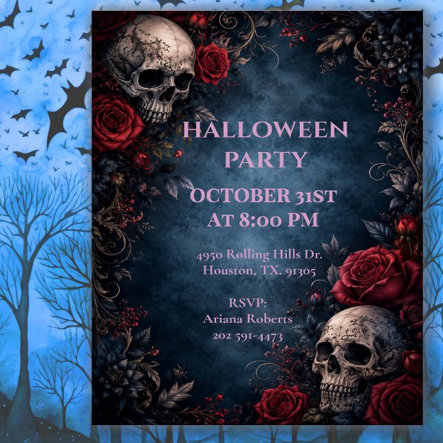Midnight Floral Skull Halloween Party Invitation (Creator Uploaded)