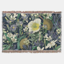 Midnight Floral Vintage Botanical Throw Blanket