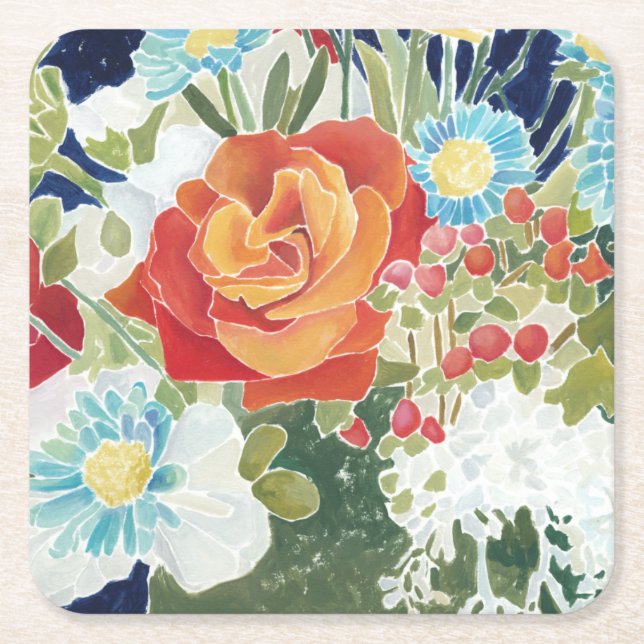Midnight Florals IV Square Paper Coaster (Front)