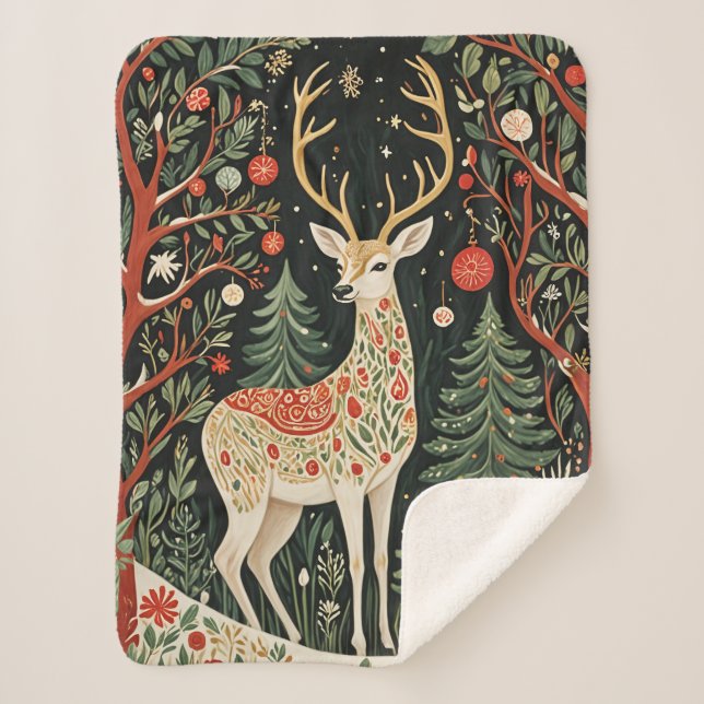 Midnight Forest Christmas Deer Sherpa Blanket (Front)