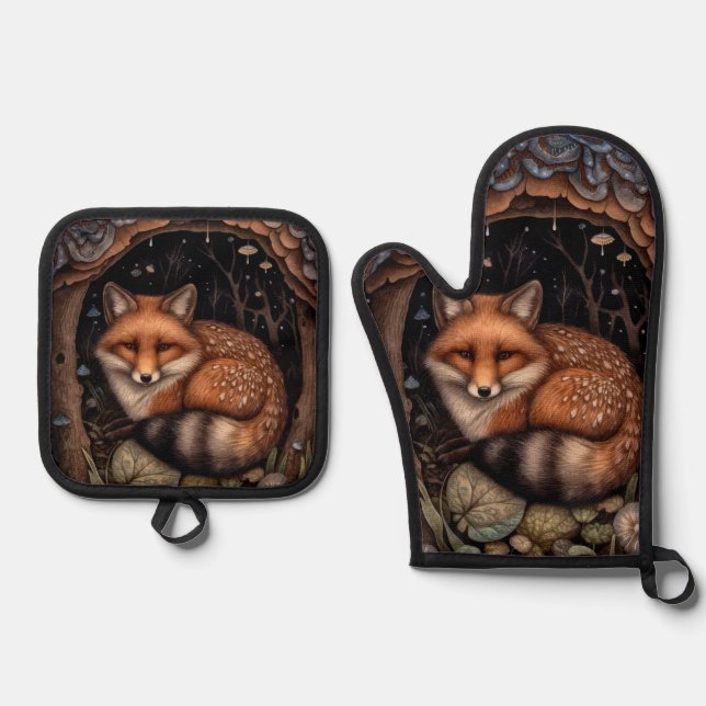 Midnight Fox Ornament Oven Mitt & Pot Holder Set (Front)