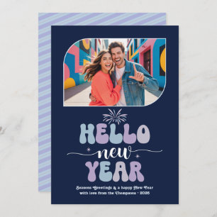 Midnight Frost Hello New Year Blue Retro Photo Holiday Card