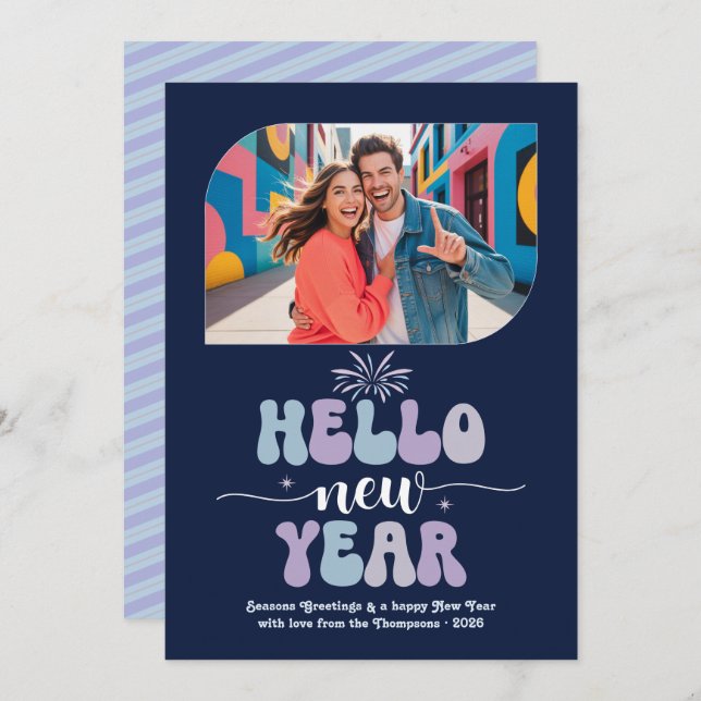 Midnight Frost Hello New Year Blue Retro Photo Holiday Card (Front/Back)