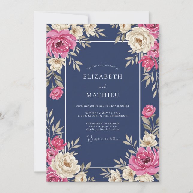 Midnight Fuchsia Bloom Wedding Invitation (Front)