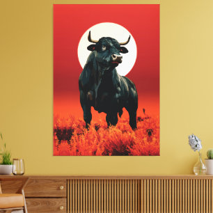 Midnight Fury – Majestic Black Bull Under Crimson Canvas Print