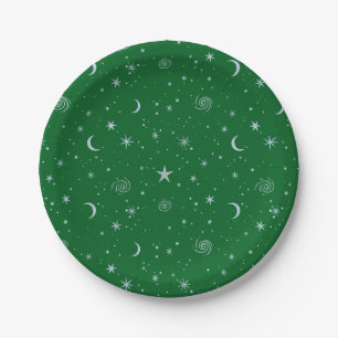 Midnight Galaxy Celestial on darker yellow green  Paper Plate