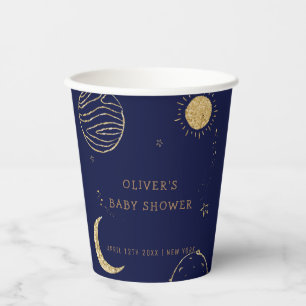 Midnight Galaxy Moon Star Boy Baby Shower Paper Cups