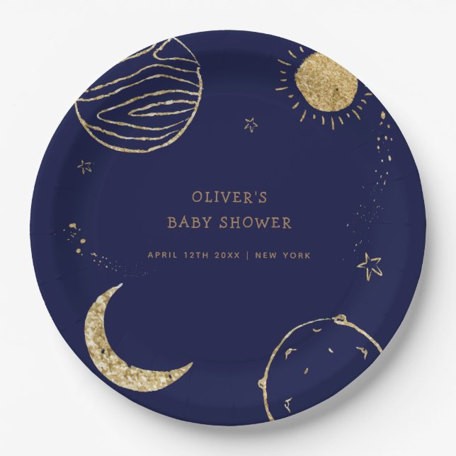 Midnight Galaxy Outer Space Boy Baby Shower  Paper Plate (Front)