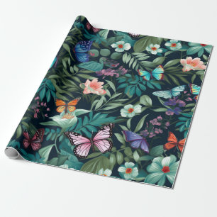 Midnight Garden Butterfly and Floral Wrapping Paper