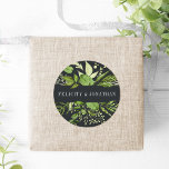 Midnight Garden | Green Botanical Wedding Classic Round Sticker<br><div class="desc">Seal your invitation envelopes or favours with these elegant botanical wedding stickers featuring your names framed by a top and bottom border of lush greenery in shades of forest green and fern on a chic dark background. Coordinates with our Midnight Garden wedding collection.</div>