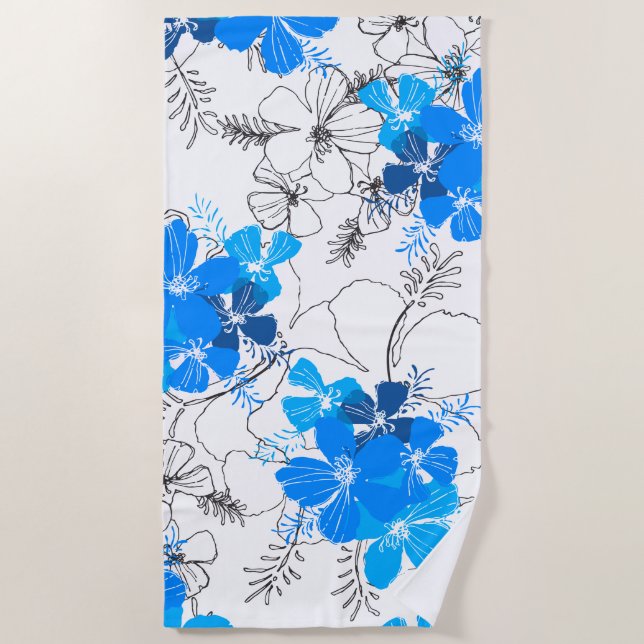 Midnight Garden Hawaiian Hibiscus Floral Blue Beach Towel (Front)