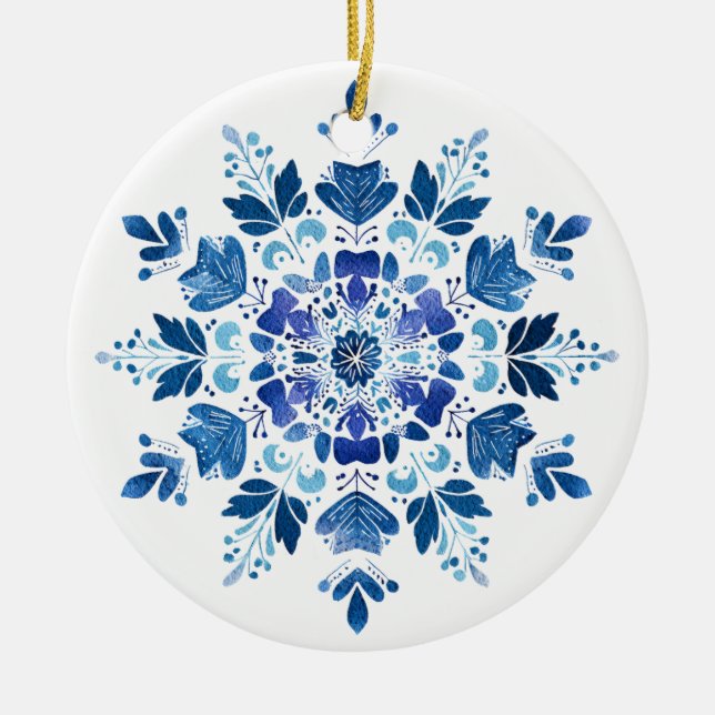 Midnight Garden Snowflake Ornament | Deep Blue Flo (Front)