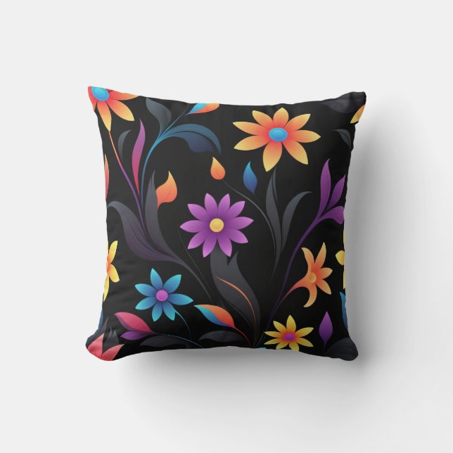 Midnight Garden: Vibrant Floral Fantasy Cushion (Front)