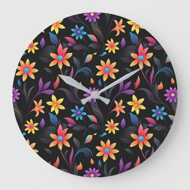 Midnight Garden: Vibrant Floral Fantasy Large Clock (Front)