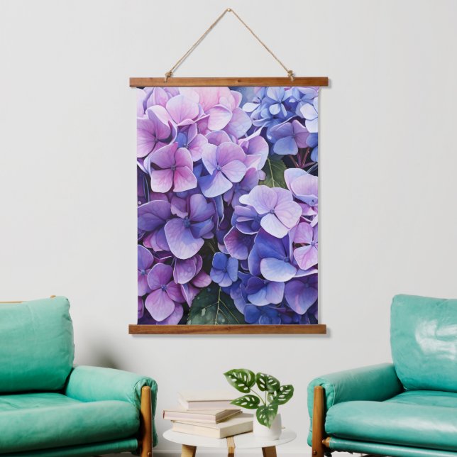 Midnight Garden Violet Hydrangea Watercolor Hanging Tapestry (Living Room)