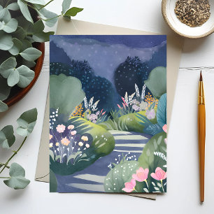 Midnight Garden   Watercolor Floral Path Postcard