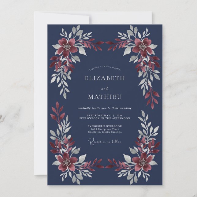 Midnight Garnet Leaf Wedding Invitation (Front)