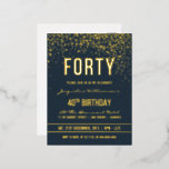 Midnight | Gold Confetti 40th Birthday Party Foil Invitation Postcard<br><div class="desc">Midnight | Gold Confetti 40th Birthday Party Foil Postcard Invitations. This formal, elegant, trendy, modern fortieth birthday party invitation is suitable for men or women. It comprises golden clean lines, stylish upper case gothic script, and sophisticated gold foil text on a midnight blue background with showers of sparkling, shimmering gold...</div>
